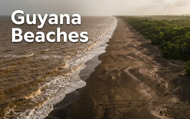 Aerial view of a wild, empty Guyana beach at Shell Beach, with turtle tracks on dark sand and coastal mangroves.