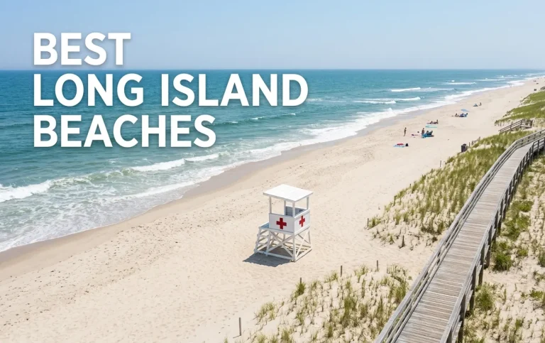 Aerial view of an empty lifeguard stand and boardwalk on a Long Island beach with title text Best Long Island Beaches.