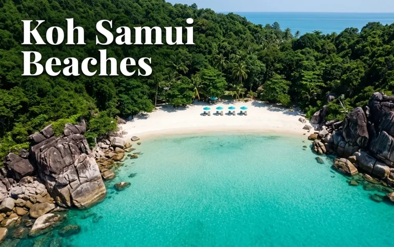 Aerial view of the pristine Silver Beach cove on Koh Samui, with crystal clear turquoise water and white sand.