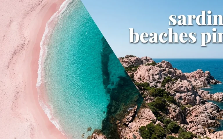 Aerial view of the protected Spiaggia Rosa pink beach and turquoise water on Budelli Island, Sardinia.