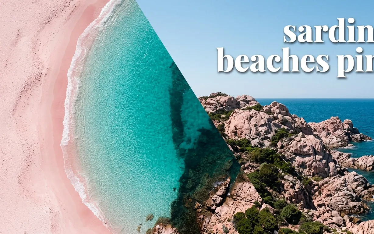 Aerial view of the protected Spiaggia Rosa pink beach and turquoise water on Budelli Island, Sardinia.