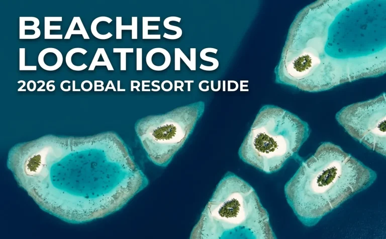 Aerial view of tropical atoll islands showing global beach resort locations in Maldives-style lagoon geography with turquoise water and white sand islands.