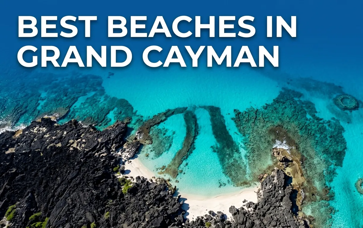 An aerial view of Smith Cove, one of the best beaches in Grand Cayman for snorkeling, with turquoise water and black rock.