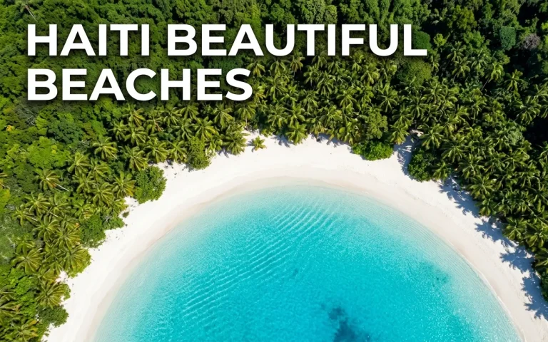 An empty, pristine white sand beach with crystal-clear turquoise water on Haiti's Ile a Vache island.