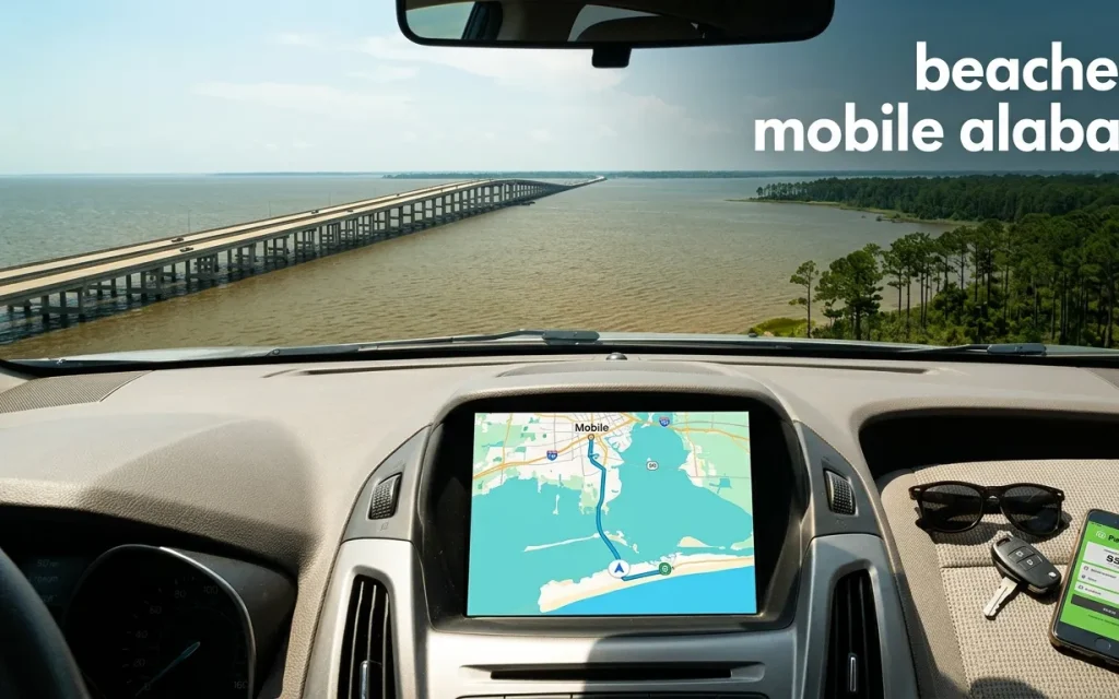 Dashboard GPS route from Mobile Alabama to the nearest white sand Gulf Coast beaches.