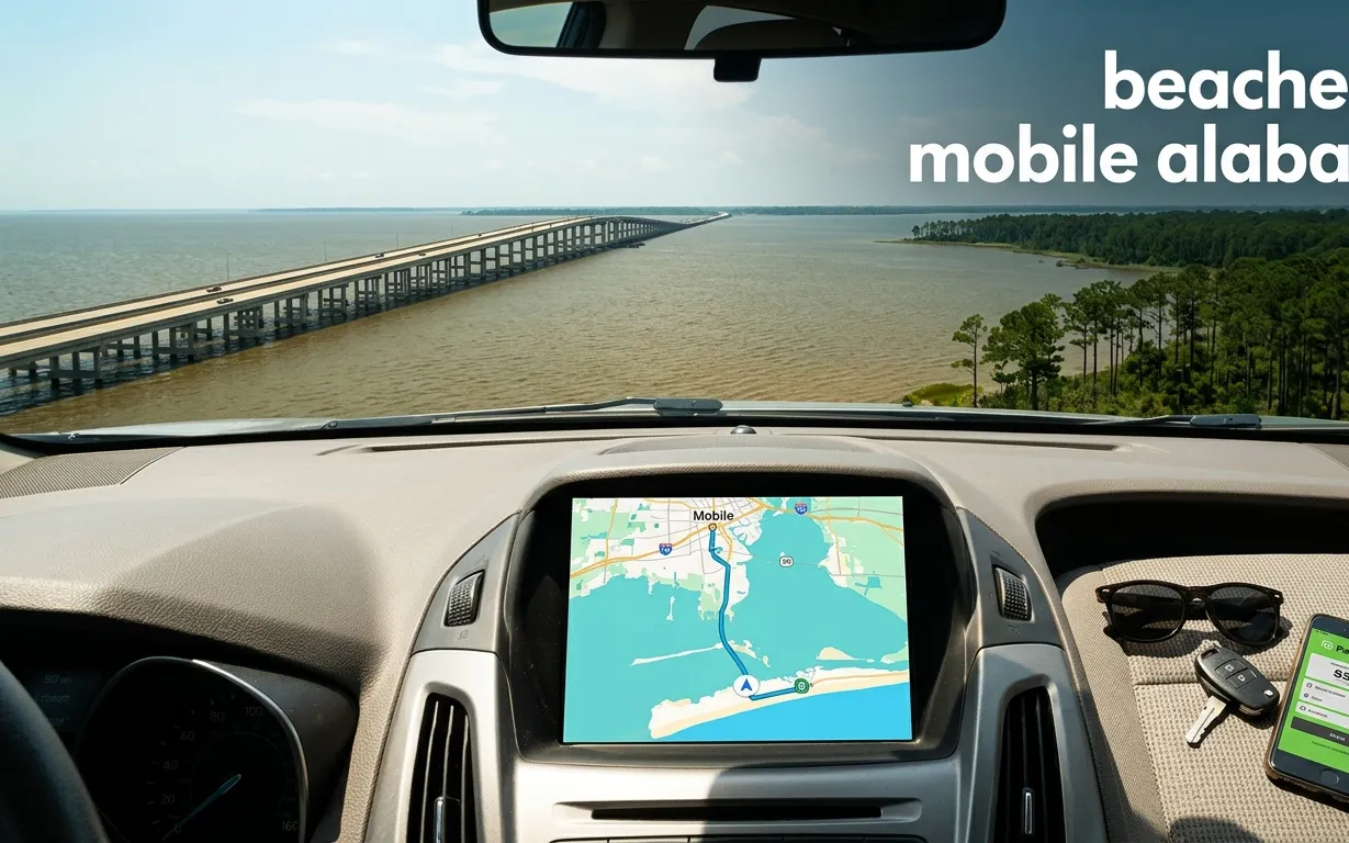Dashboard GPS route from Mobile Alabama to the nearest white sand Gulf Coast beaches.