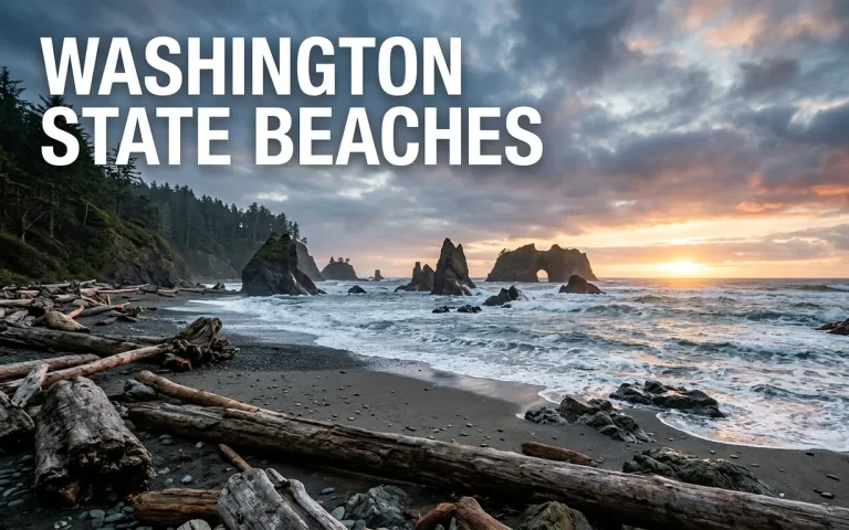 Dramatic sunset at Rialto Beach with sea stacks and Hole-in-the-Wall arch, a wild Washington state beaches landscape.