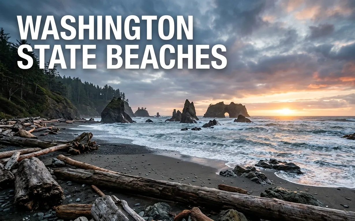 Dramatic sunset at Rialto Beach with sea stacks and Hole-in-the-Wall arch, a wild Washington state beaches landscape.