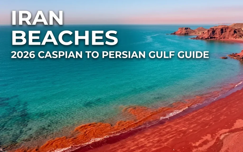 Hormuz Island red sand beach in Iran where crimson shore meets turquoise Persian Gulf water showing the unique Iranian coastline.