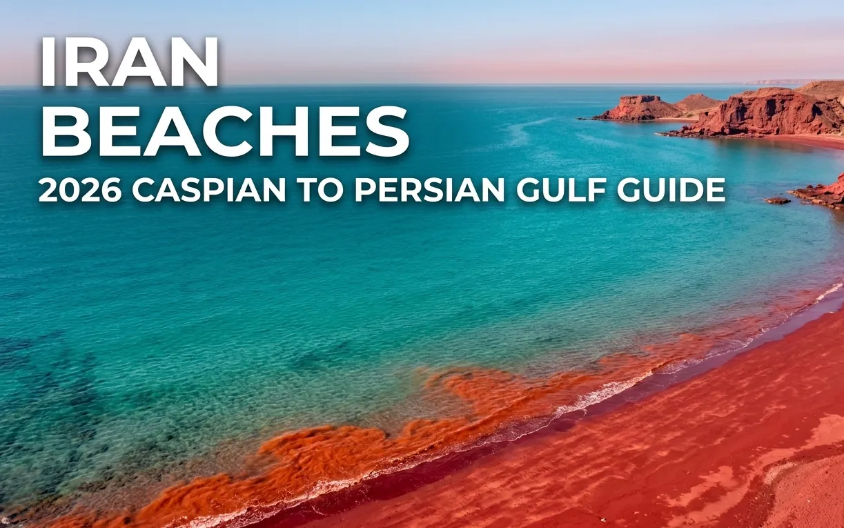 Hormuz Island red sand beach in Iran where crimson shore meets turquoise Persian Gulf water showing the unique Iranian coastline.