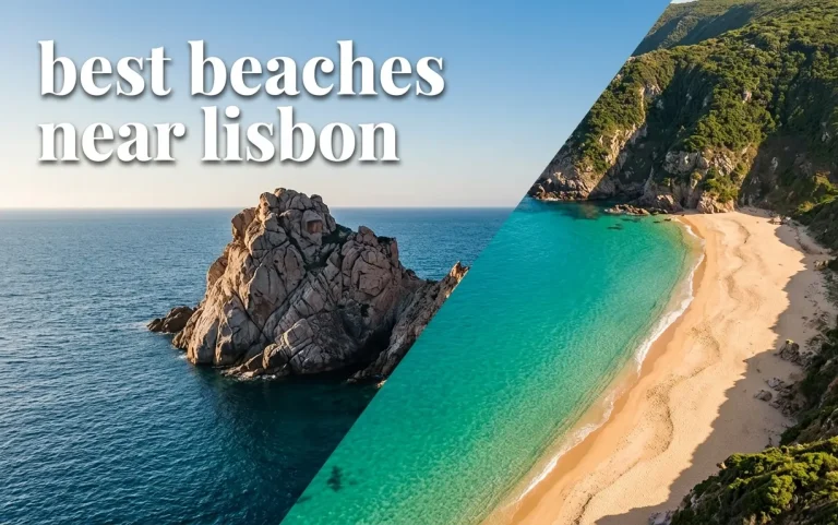 Aerial view of the wild golden sand and sea stacks at Praia da Ursa, one of the best beaches near Lisbon Portugal.