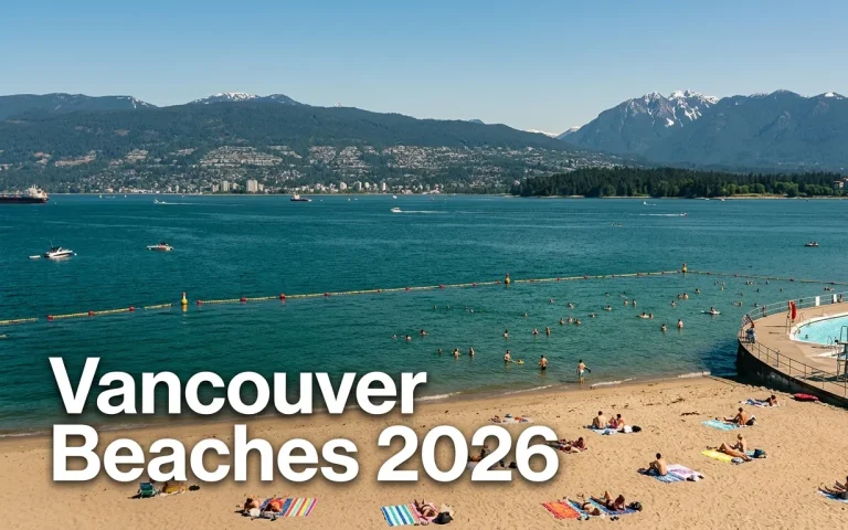 Kitsilano Beach in Vancouver with swimmers, mountain backdrop, and ocean view in summer 2026.