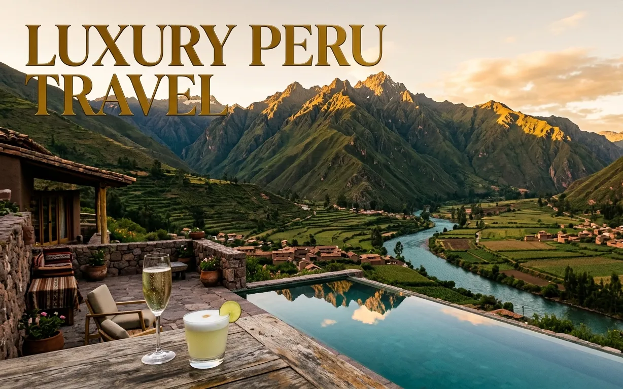 Luxury Peru Travel headline over a golden hour Sacred Valley infinity pool reflecting the Andes mountains.