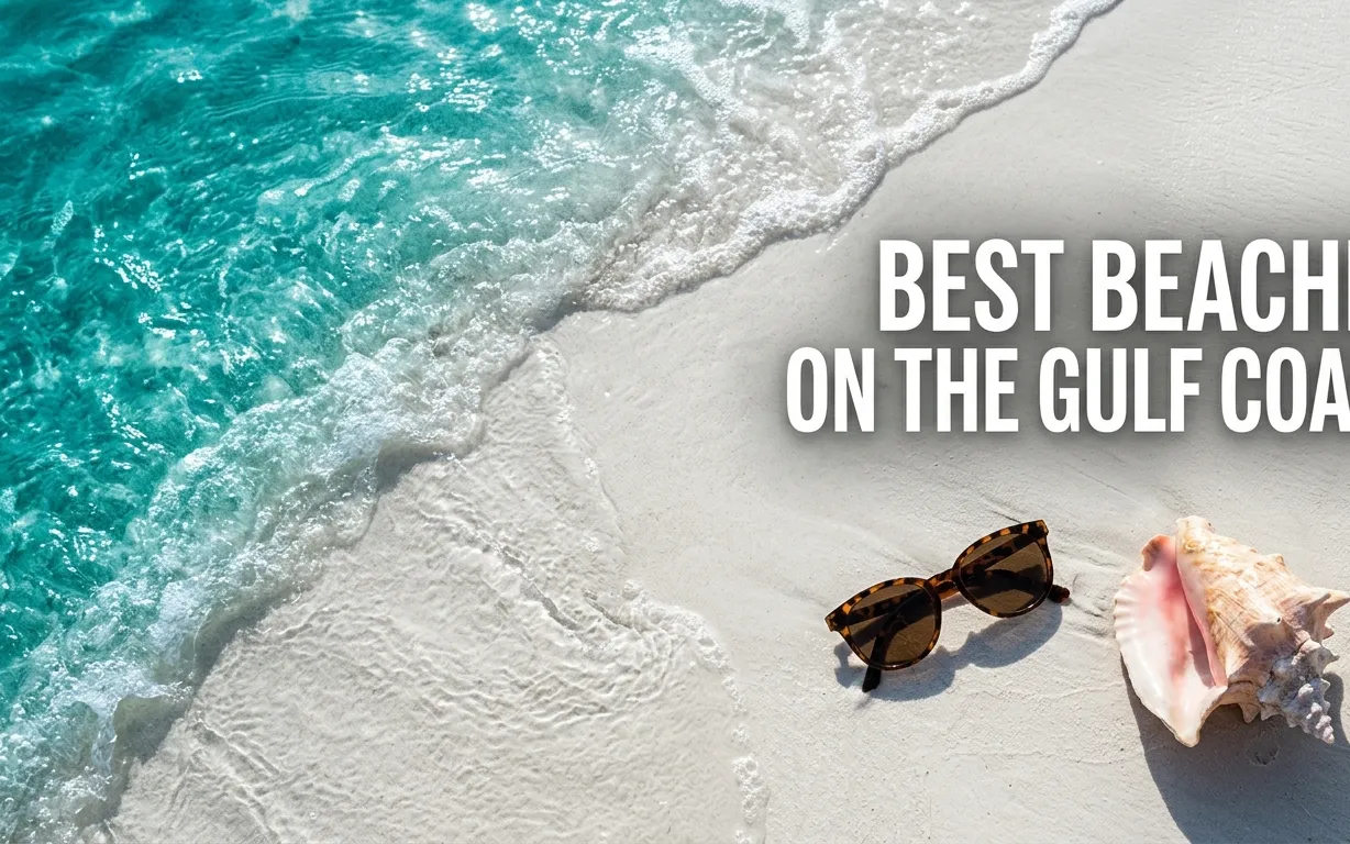Overhead flat lay of turquoise wave on white sand with text reading Best Beaches on the Gulf Coast.