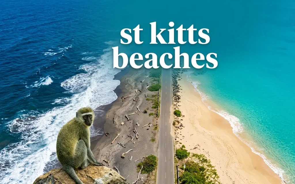 Stunning drone view of the Atlantic and Caribbean meeting at the Southeast Peninsula beaches, St. Kitts.